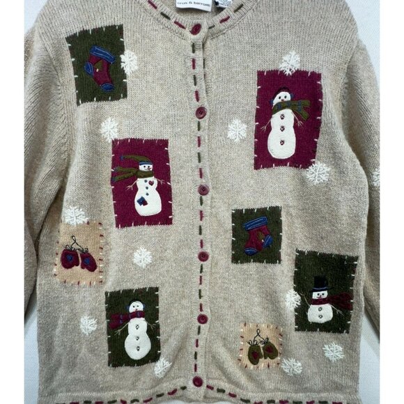 Croft & Barrow Womens Snowman Cardigan Sweater  M Beige & Multicolor Wool Blend - Picture 4 of 12